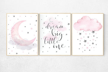 Nursery decor girl, pink and gray, nursery decor girl pink, pink nursery, dream big little one, moon and stars, baby room, girl nursery