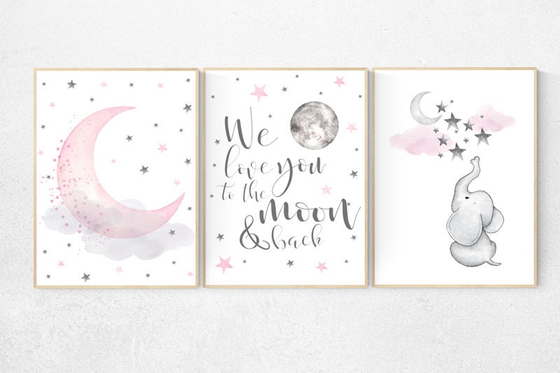 Nursery decor girl pink and gray, elephant nursery, we love you to the moon and back, cloud, moon and stars, pink grey nursery, girl nursery