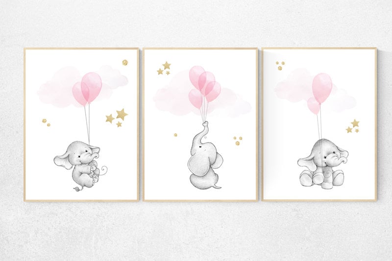 Nursery decor elephant, Nursery decor girl wall art, girls room decor pink, pink and gold nursery, animal balloon print, elephant nursery