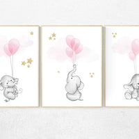 Nursery decor elephant, Nursery decor girl wall art, girls room decor pink, pink and gold nursery, animal balloon print, elephant nursery