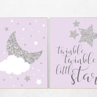 Lilac nursery decor, nursery decor girl purple, lavender nursery art, lilac silver, twinkle twinkle little star, cloud and stars nursery