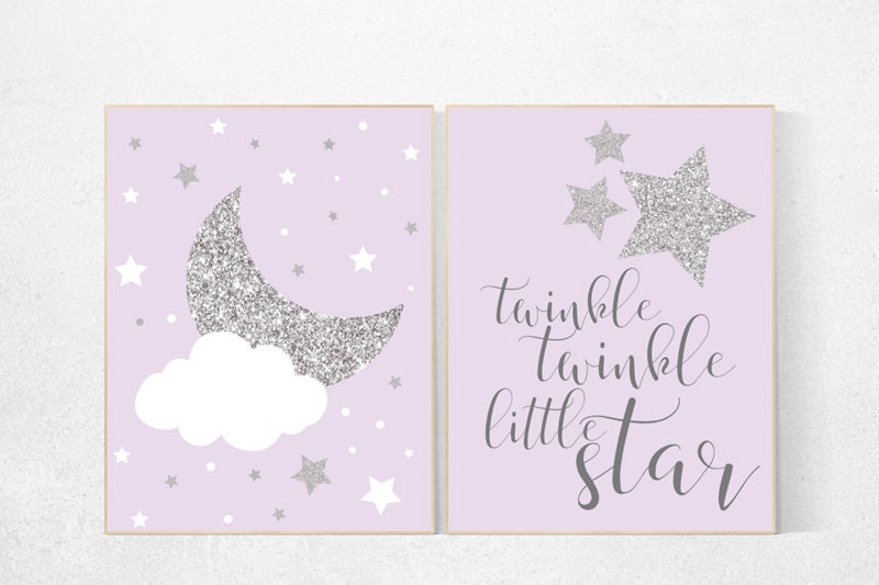 Lilac nursery decor, nursery decor girl purple, lavender nursery art, lilac silver, twinkle twinkle little star, cloud and stars nursery