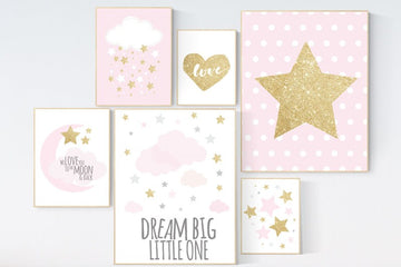Nursery decor girl pink and gold, stars nursery decor, dream big little one, pink gold nursery print, moon and back, cloud and stars, pink
