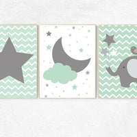 Mint nursery decor, elephant nursery, nursery decor elephant, cloud and stars, nursery decor boys teal, gender neutral nursery, mint gray