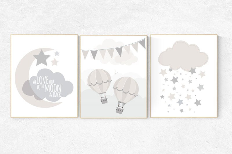 Gender neutral nursery, Cloud nursery, beige and cream, hot air balloon, Nursery Decor, Gray Beige, gender neutral nursery, gray nursery