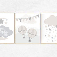 Gender neutral nursery, Cloud nursery, beige and cream, hot air balloon, Nursery Decor, Gray Beige, gender neutral nursery, gray nursery