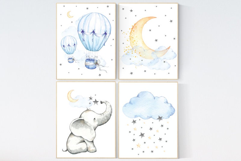 Nursery wall art elephant, nursery decor hot air balloons, cloud nursery decor, Nursery decor neutral, moon and stars nursery gender neutral