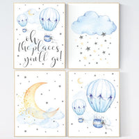 Nursery decor hot air balloons, cloud nursery decor, Oh the places you'll go, Nursery decor neutral, moon and stars nursery gender neutral