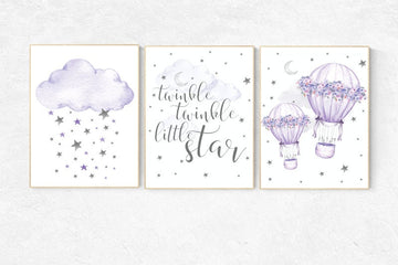 Nursery decor girl lavender and gray, Nursery decor girl purple, twinkle twinkle little star, lilac nursery decor hot air balloons, purple