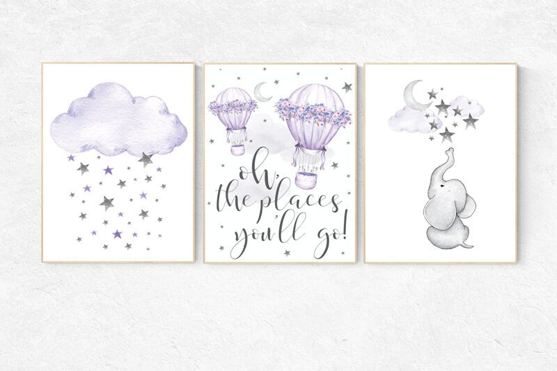 Nursery decor girl purple, nursery decor elephant, Nursery decor girl lavender and gray, oh the places you&