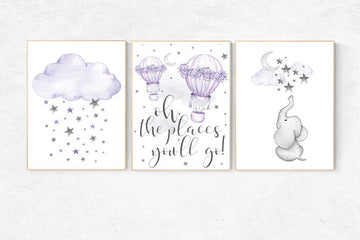Nursery decor girl purple, nursery decor elephant, Nursery decor girl lavender and gray, oh the places you'll go, lilac, hot air balloons