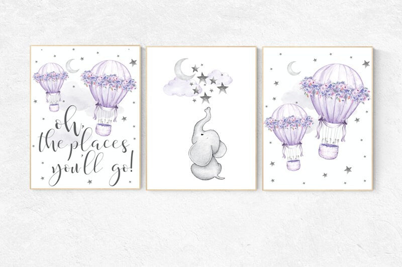 Nursery decor elephant, Nursery decor girl purple, Nursery decor girl lavender and gray, oh the places you&