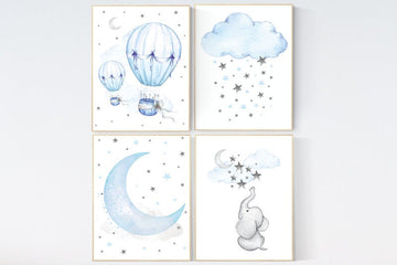 Blue Gray Nursery Art, nursery decor elephant, nursery decor boy cloud, nursery decor boy hot air balloon, blue and gray, elephant nursery