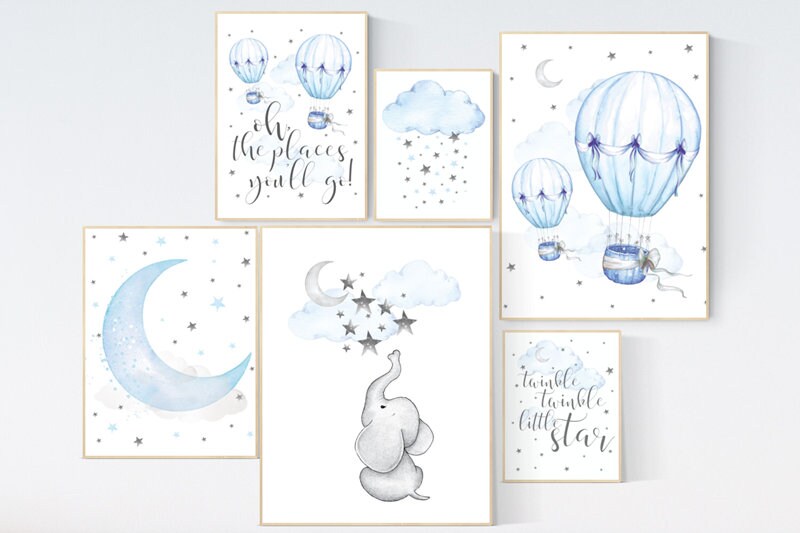 Nursery decor boy elephant, blue and gray nursery, hot air balloon, twinkle twinkle little star, boys room decor, oh the places you&