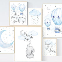 Nursery decor boy elephant, blue and gray nursery, hot air balloon, twinkle twinkle little star, boys room decor, oh the places you'll go