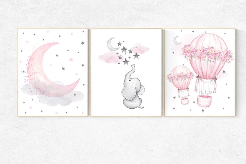 Nursery decor girl pink and gray, elephant nursery, hot air balloon, pink and grey, cloud and stars, oh the places you&