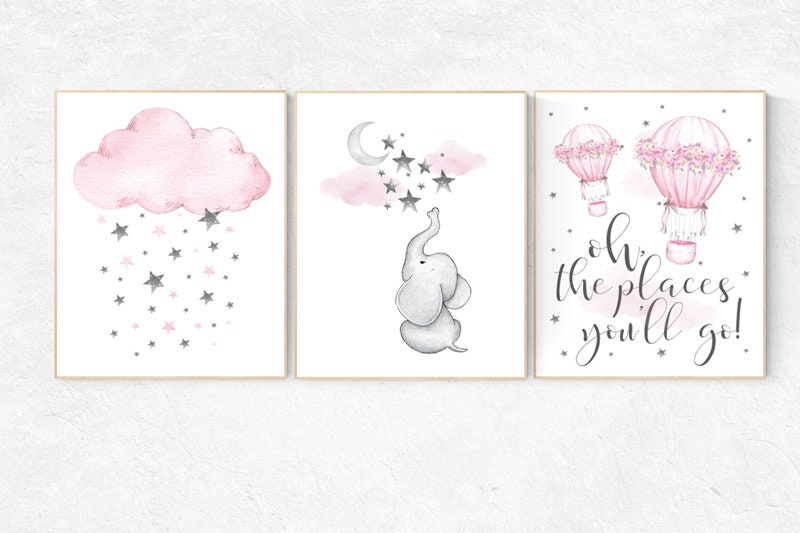 Nursery decor girl elephant, hot air balloon, pink and grey, cloud and stars, oh the places you&