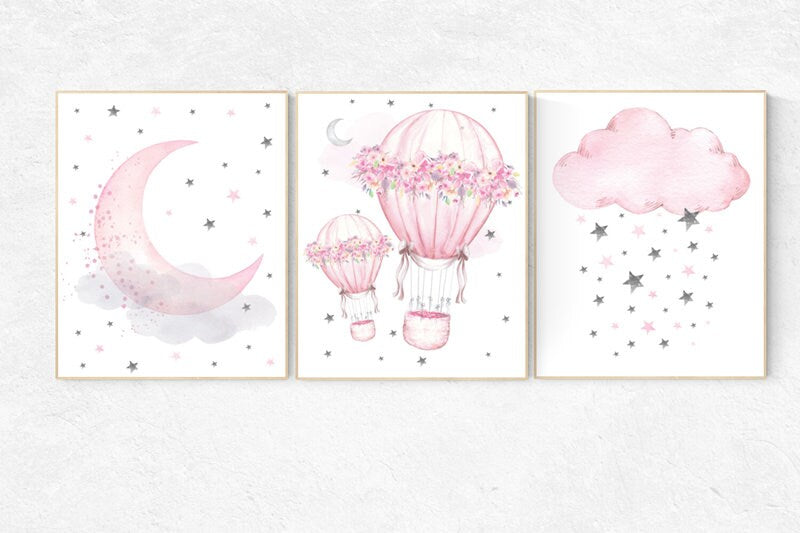 Nursery decor girl pink and gray, hot air balloon, pink and grey, cloud and stars, hot air balloons, nursery wall art, nursery wall art