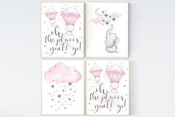 Nursery decor elephant, nursery decor pink and gray, nursery decor hot air balloons, oh the places you'll go, pink nursery, hot air balloon