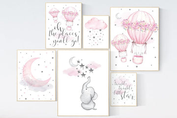 Nursery decor girl pink, Nursery decor elephant, hot air balloon nursery, oh the places you'll go, twinkle twinkle little star, pink gray