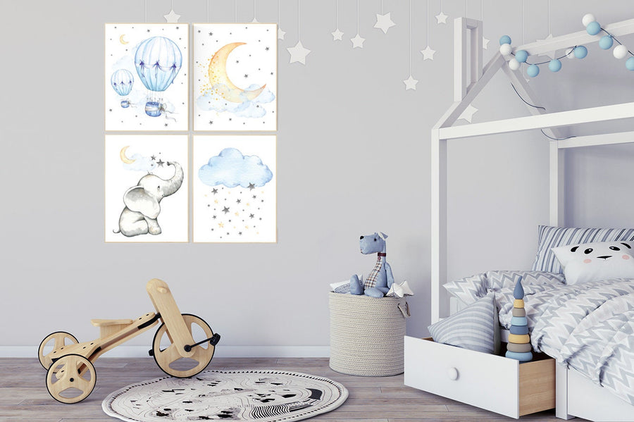 Nursery wall art elephant, nursery decor hot air balloons, cloud nursery decor, Nursery decor neutral, moon and stars nursery gender neutral