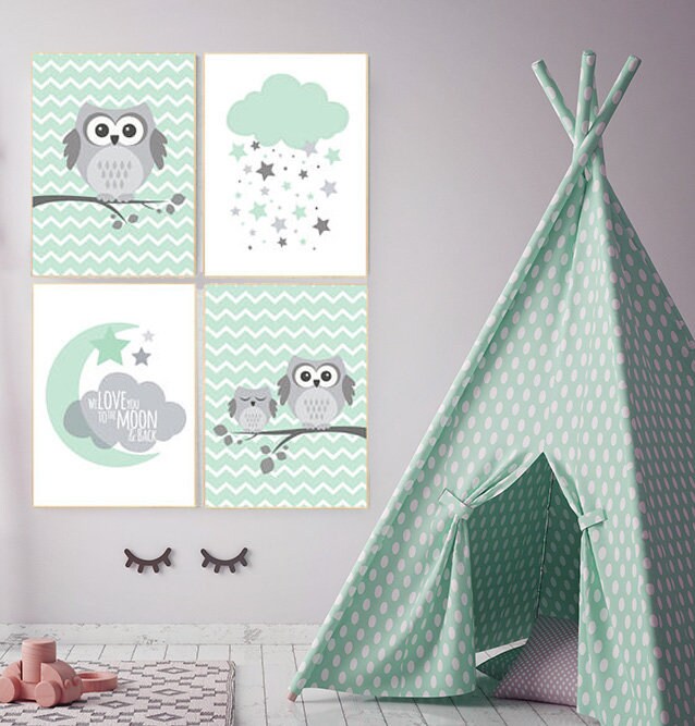 Gender neutral nursery decor, mint nursery decor, we love you to the moon and back, mint gray, owl room decor, Owl nursery wall art