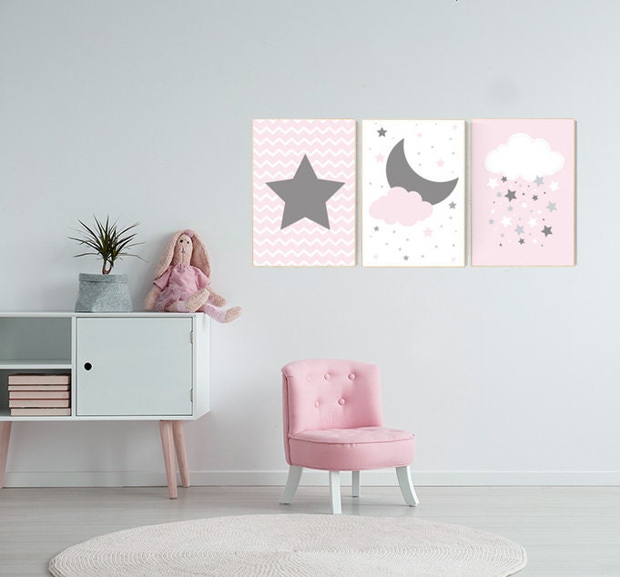 Pink Gray Nursery Art, Baby Girl Nursery Decor, Nursery Print, Baby Girl Pink Nursery Art, set of 3, Baby Girl Wall Art, cloud nursery print