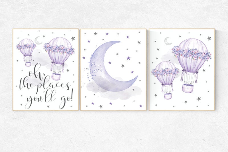 Nursery decor girl purple, cloud and stars, oh the places you&