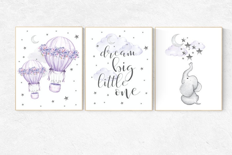 Nursery decor girl purple, cloud and stars, hot air balloons, lavender nursery, lilac nursery decor, hot air balloon, dream big little one