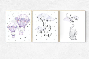 Nursery decor girl purple, cloud and stars, hot air balloons, lavender nursery, lilac nursery decor, hot air balloon, dream big little one