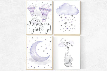Nursery decor girl purple, hot air balloon, girls room, lavender nursery wall art, lilac nursery decor, lilac nursery, cloud and stars