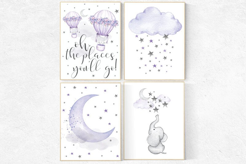 Nursery decor girl purple, hot air balloon, girls room, lavender nursery wall art, lilac nursery decor, lilac nursery, cloud and stars