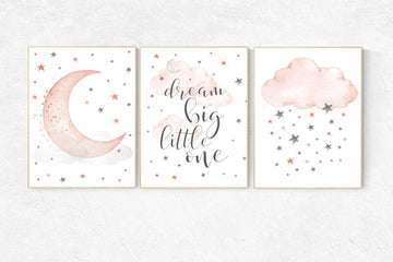 Nursery decor girl coral, coral nursery decor, dream big little one, cloud and stars, moon and stars nursery, coral and gray nursery, girls