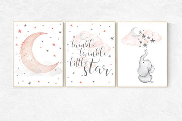 Nursery decor elephant, Nursery decor girl coral, twinkle twinkle little star, cloud and stars, moon and stars nursery, coral and gray