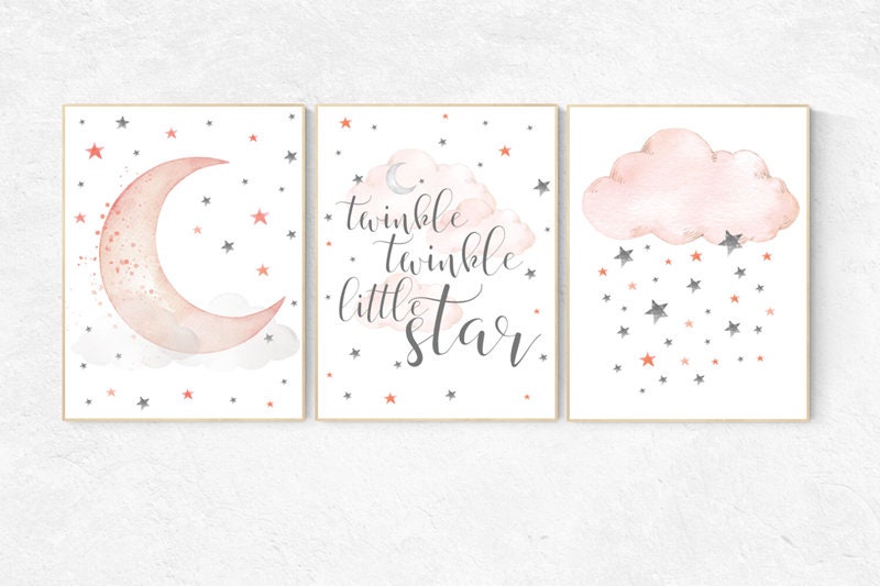 Nursery decor girl coral, twinkle twinkle little star, cloud and stars, moon and stars nursery, coral and gray, coral nursery, girls room