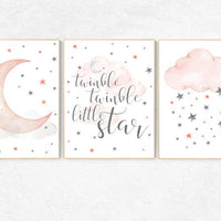 Nursery decor girl coral, twinkle twinkle little star, cloud and stars, moon and stars nursery, coral and gray, coral nursery, girls room