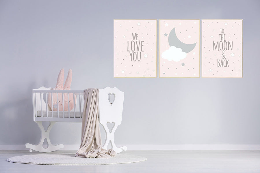 We love you to the moon and back, pink nursery art, star nursery decor, nursery decor, pale pink, moon nursery, baby girl nursery wall art