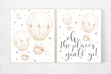 Nursery decor neutral, gender neutral nursery, nursery decor hot air balloons, hot air balloon nursery wall art, twin nursery decor, beige