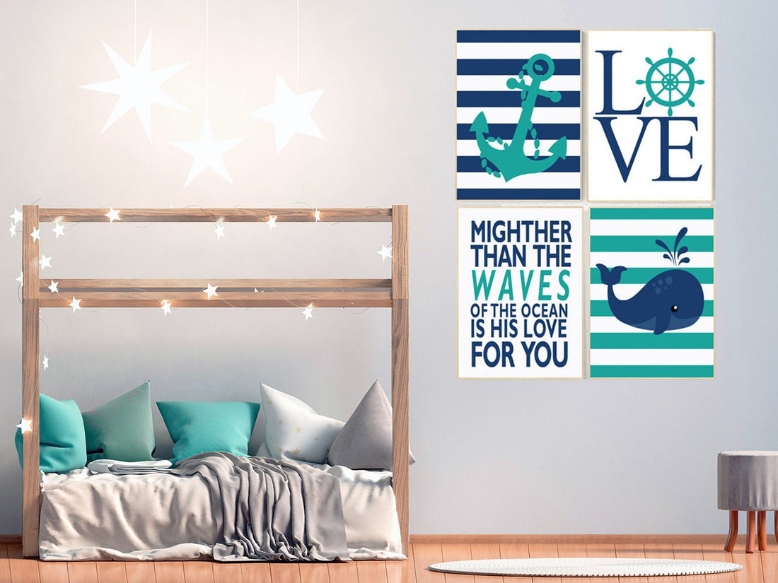 Nautical Nursery Decor, Nautical boy nursery, mightier than the waves, Nautical Nursery Wall Art teal navy nursery decor whale nursery decor