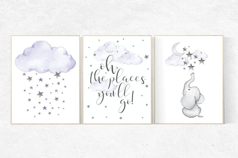 Nursery decor girl lavender and gray, Nursery decor girl purple, elephant nursery, lilac nursery, oh the places you&