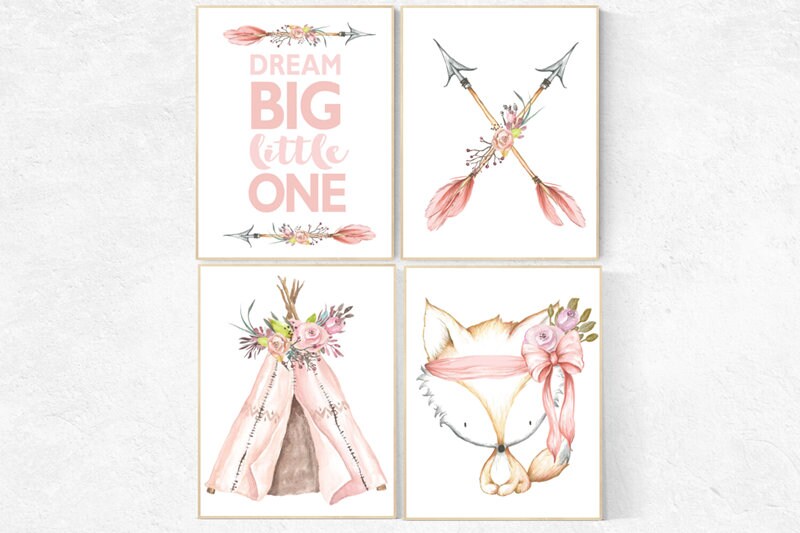 Nursery decor girl woodland, nursery decor woodland, nursery prints girl, girls room decor flowers, dream big little one, tribal nursery