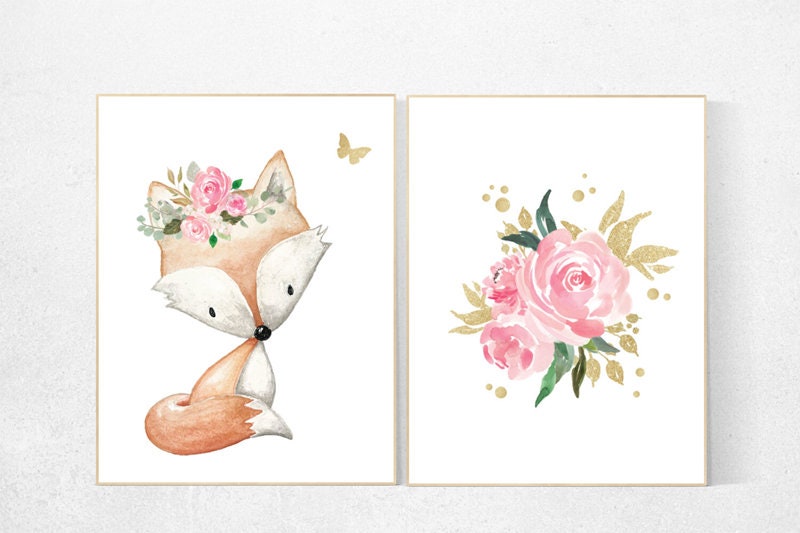 Nursery decor girl pink roses, nursery decor pink and gold, nursery decor girl flower, girls room decor flowers, pink and gold, woodland