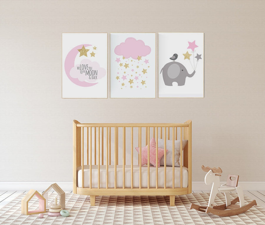 We love you to the moon and back, pink gold nursery, elephant nursery, cloud nursery wall art, pink and gold baby shower, baby girl nursery