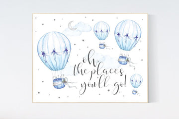 Nursery decor boy hot air balloon, nursery decor boy adventure, Dream Big, blue nursery, boys room wall art adventure, nursery prints boy
