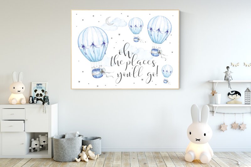 Nursery decor boy hot air balloon, nursery decor boy adventure, Dream Big, blue nursery, boys room wall art adventure, nursery prints boy