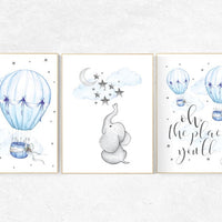 Nursery wall art elephant, Nursery decor boy hot air balloon, oh the places you'll go, hot air balloon nursery, blue and gray nursery