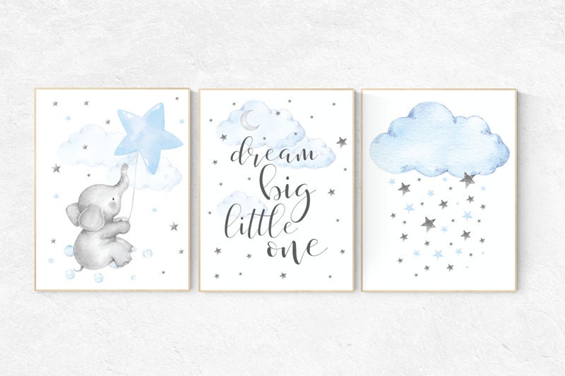 Elephant nursery, dream big little one, Blue and gray, Nursery decor boy, nursery decor, boys room decor, , clouds and stars, blue grey