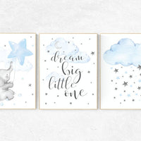 Elephant nursery, dream big little one, Blue and gray, Nursery decor boy, nursery decor, boys room decor, , clouds and stars, blue grey