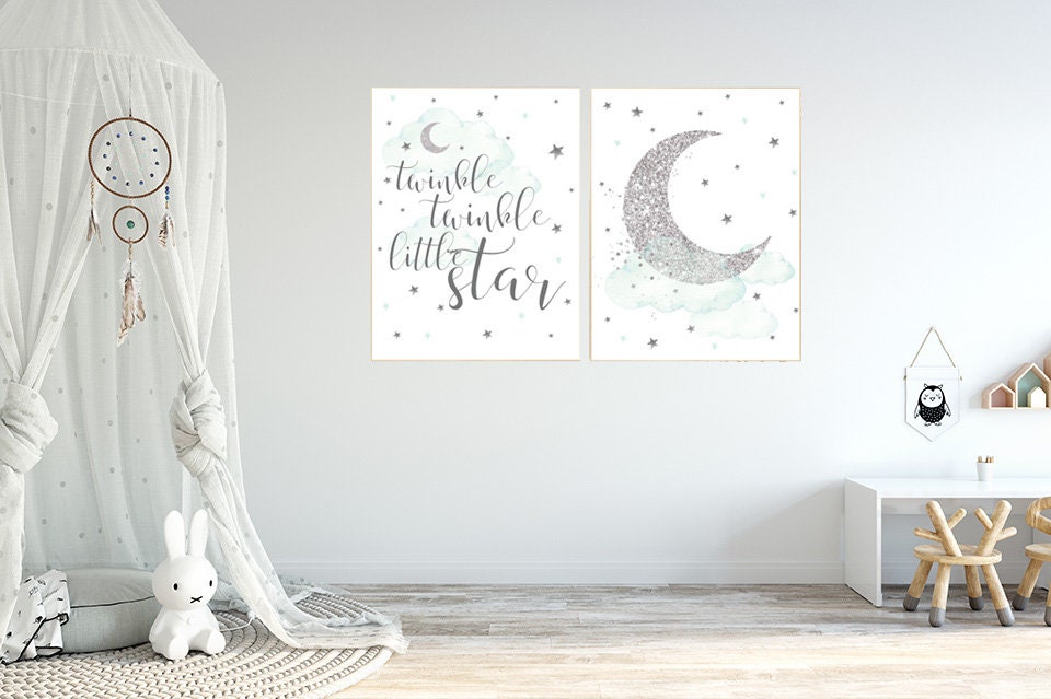 Nursery decor neutral, Mint and gray nursery, mint nursery, gray nursery prints, cloud and star nursery wall art twinkle twinkle little star