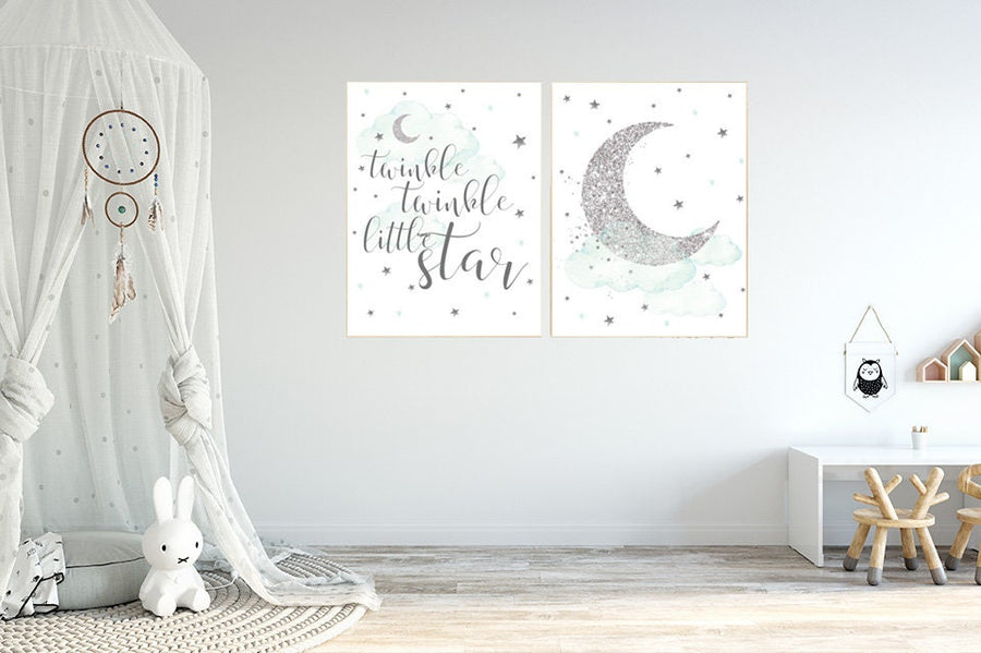 Nursery decor neutral, Mint and gray nursery, mint nursery, gray nursery prints, cloud and star nursery wall art twinkle twinkle little star